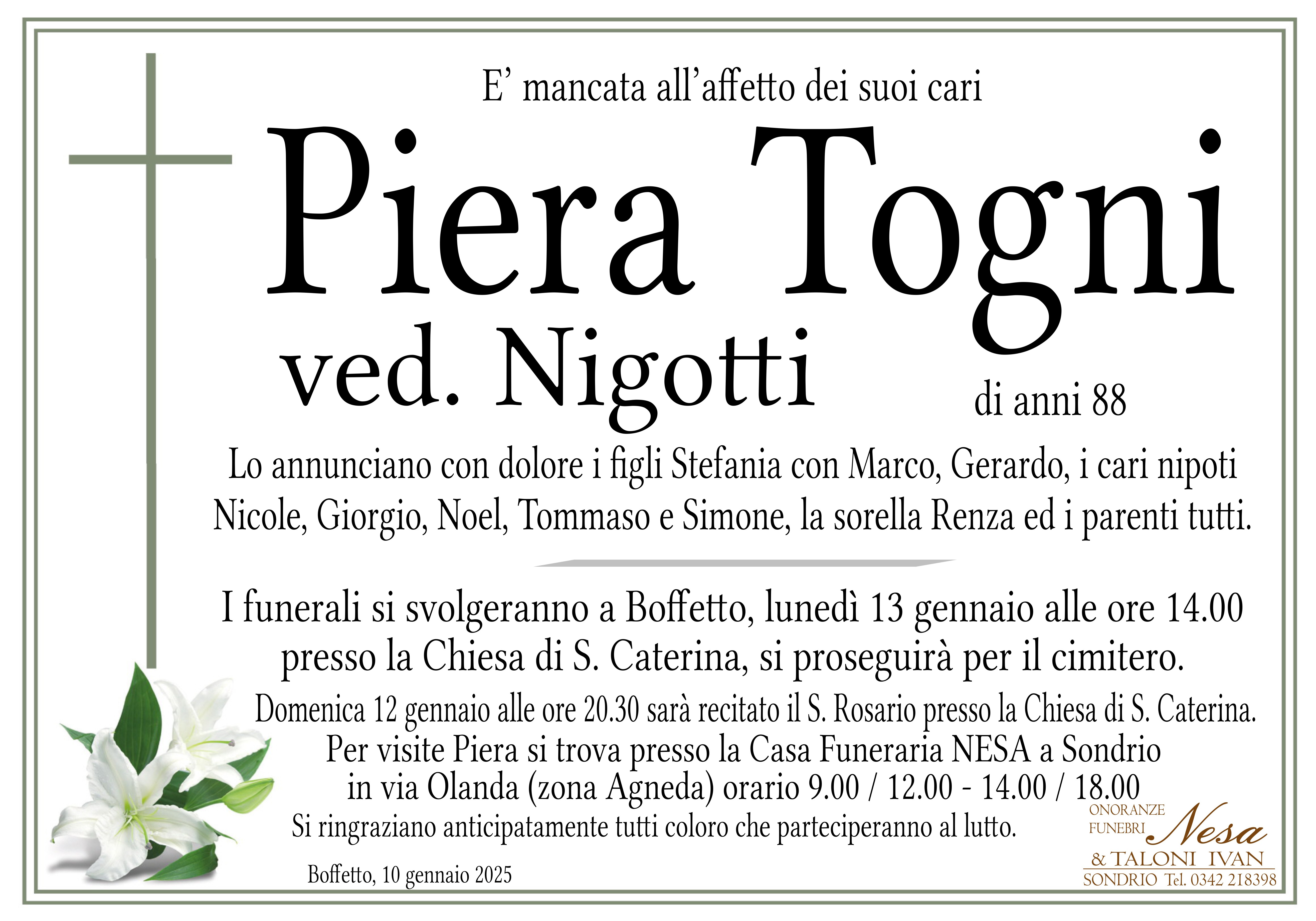 Necrologio PIERA TOGNI ved. NIGOTTI